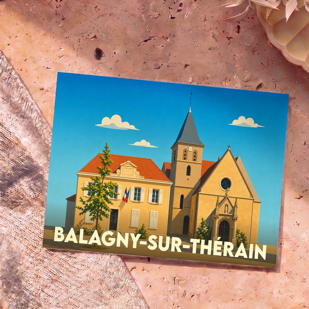 Carte postale souvenir de la ville de Balagny-sur-Thérain avec une illustration stylisée de son église et de sa mairie.