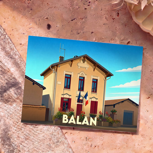 Carte postale souvenir de la ville de Balan illustrant sa mairie dans un style graphique épuré.