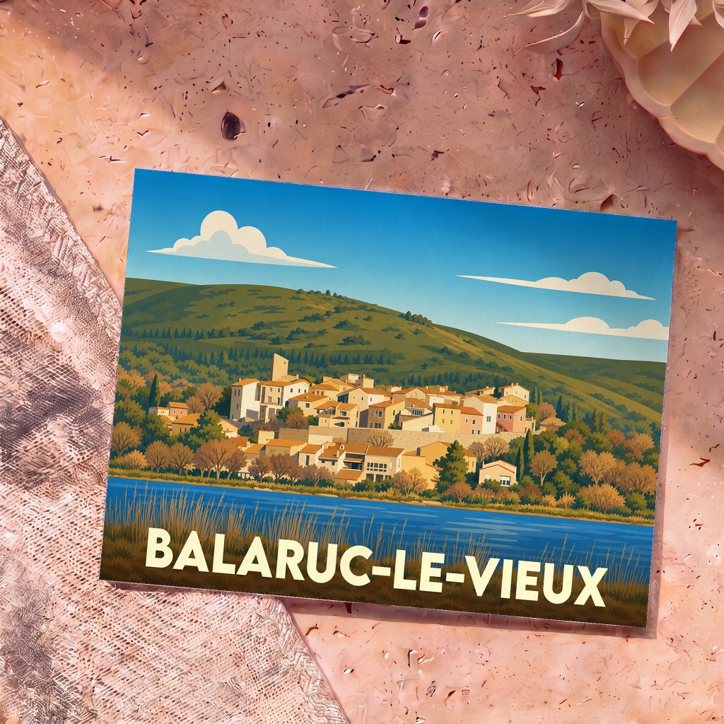 Carte postale souvenir de la ville de Balaruc-le-Vieux illustrant le village en bord d'eau avec un style rétro.
