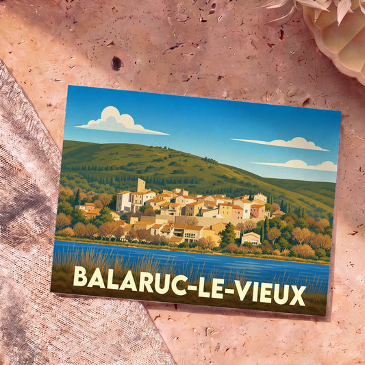 Carte postale souvenir de la ville de Balaruc-le-Vieux illustrant le village en bord d'eau avec un style rétro.