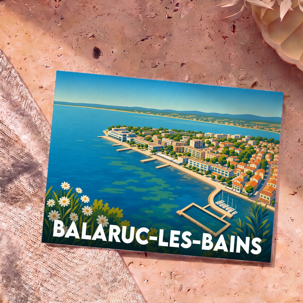 Carte postale souvenir de Balaruc-les-Bains présentant une vue aérienne illustrée du front de mer et de l'Étang de Thau.