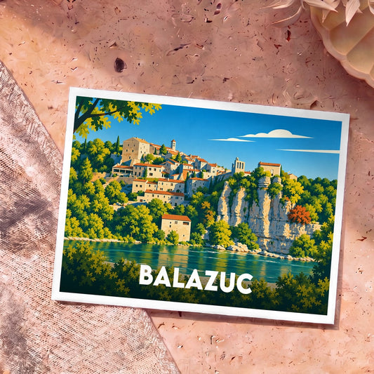 Carte postale souvenir de la ville de Balazuc avec une illustration stylisée.