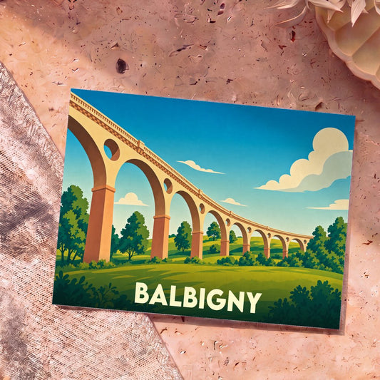 Carte postale souvenir de la ville de Balbigny avec une illustration stylisée de son viaduc.