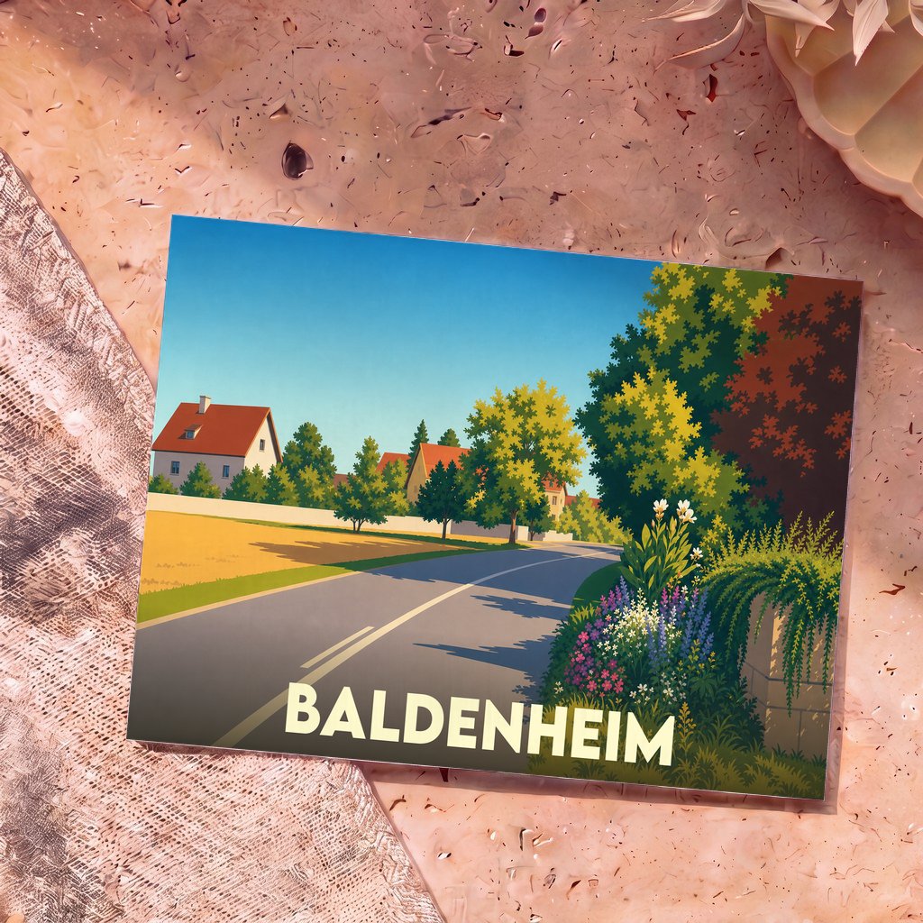 Carte postale souvenir de la ville de Baldenheim illustrée d'un paysage de village paisible et ensoleillé.