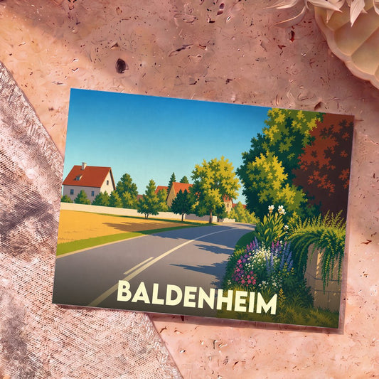 Carte postale souvenir de la ville de Baldenheim illustrée d'un paysage de village paisible et ensoleillé.