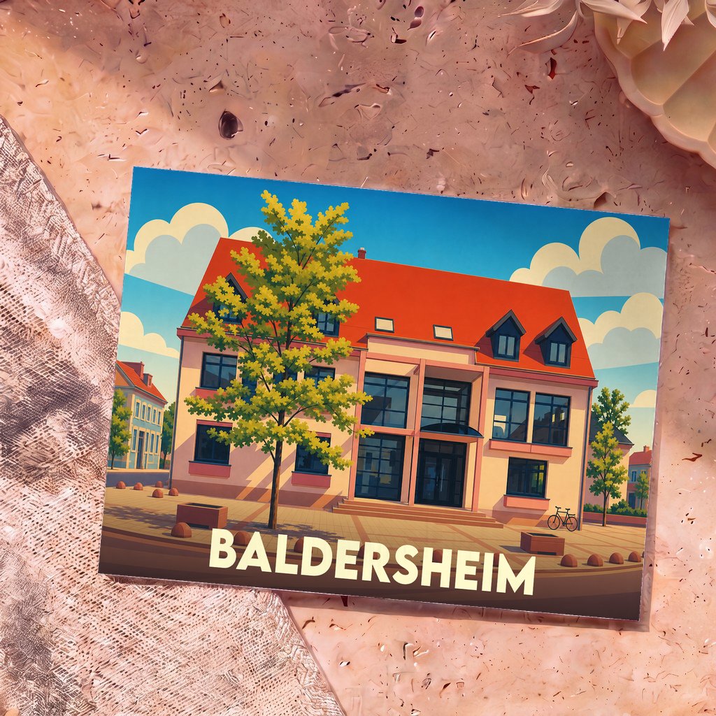 Carte postale souvenir de la ville de Baldersheim avec une illustration stylisée de son architecture.