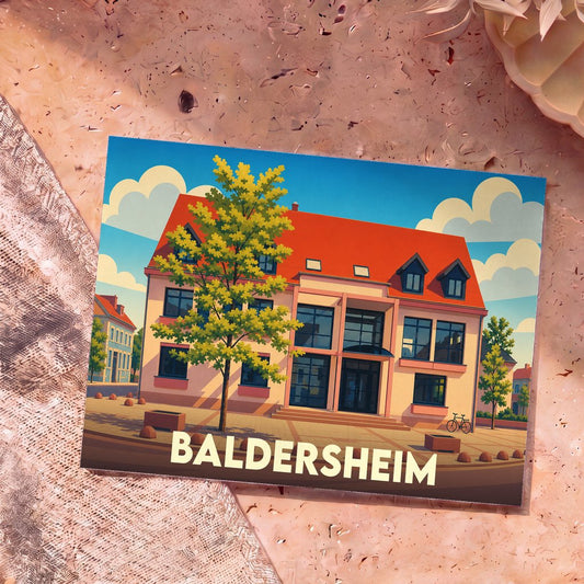 Carte postale souvenir de la ville de Baldersheim avec une illustration stylisée de son architecture.