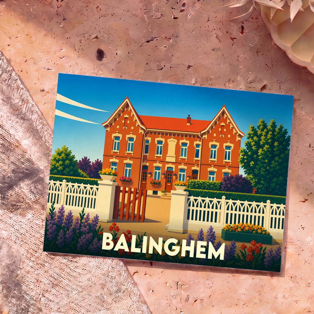 Carte postale souvenir de la ville de Balinghem avec une illustration stylisée d'une demeure flamande en briques rouges.