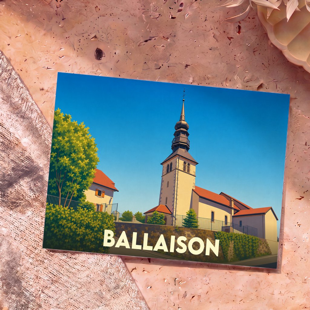 Carte postale souvenir de la ville de Ballaison avec une illustration stylisée de son église et de ses paysages.
