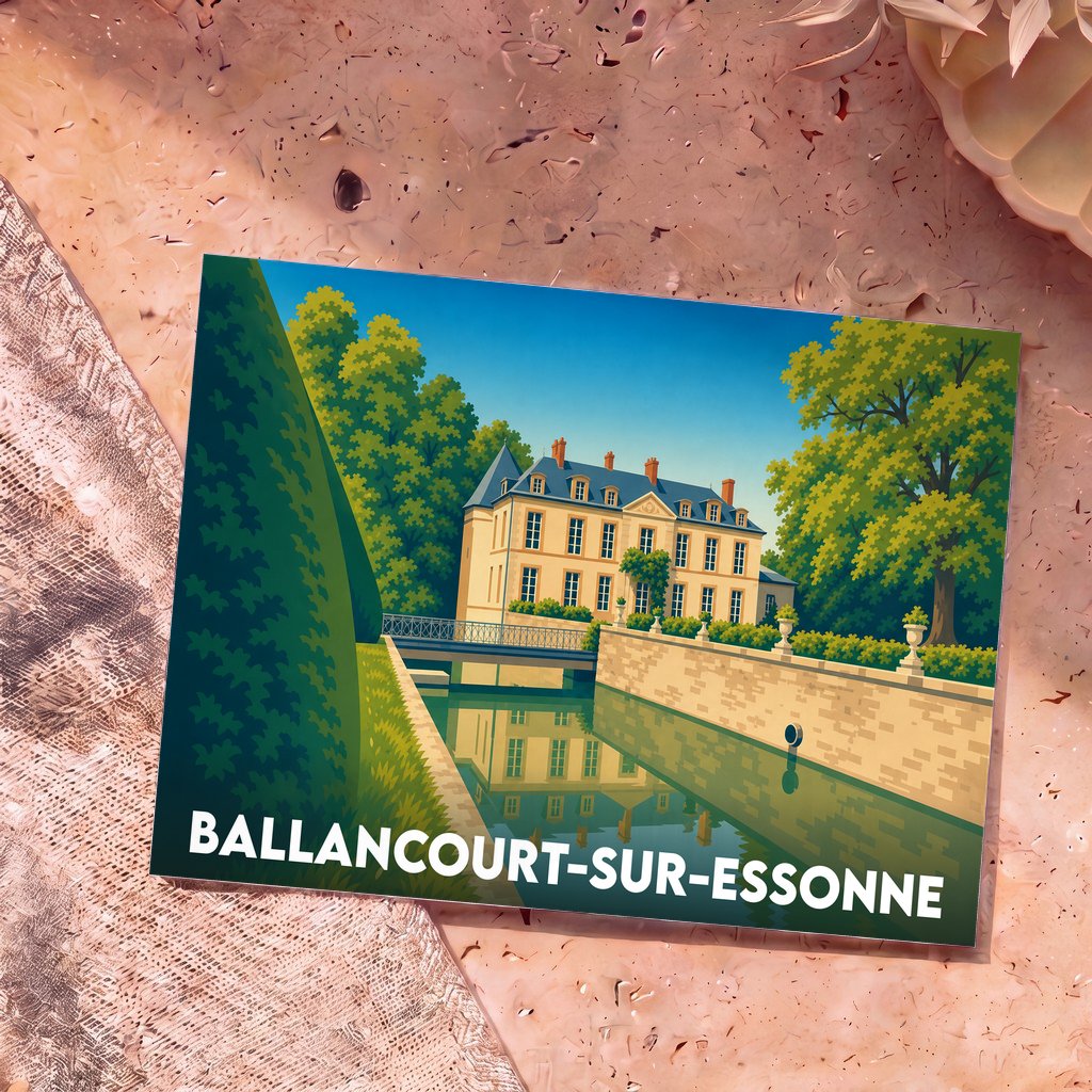 Carte postale souvenir de la ville de Ballancourt-sur-Essonne avec une illustration stylisée de son château et de ses douves.