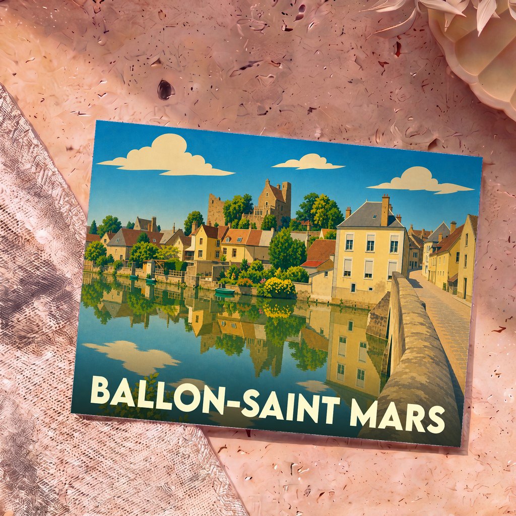 Carte postale souvenir de Ballon-Saint Mars illustrant les quais de la ville dans un style vintage coloré.