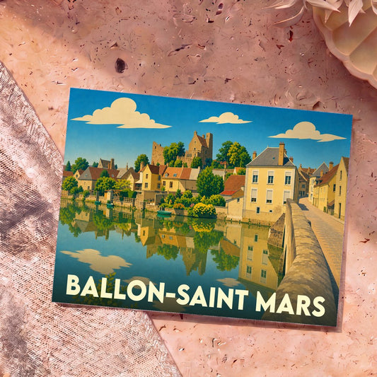 Carte postale souvenir de Ballon-Saint Mars illustrant les quais de la ville dans un style vintage coloré.
