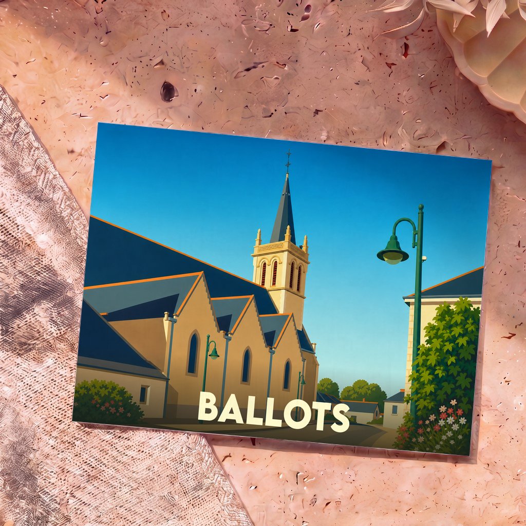 Carte postale souvenir de la ville de Ballots avec une illustration stylisée de son église sous un ciel bleu.