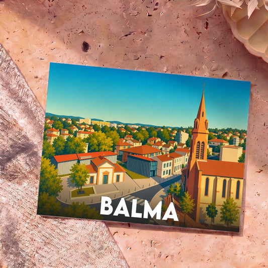 Carte postale souvenir de la ville de Balma avec une illustration colorée et stylisée de son centre-ville.