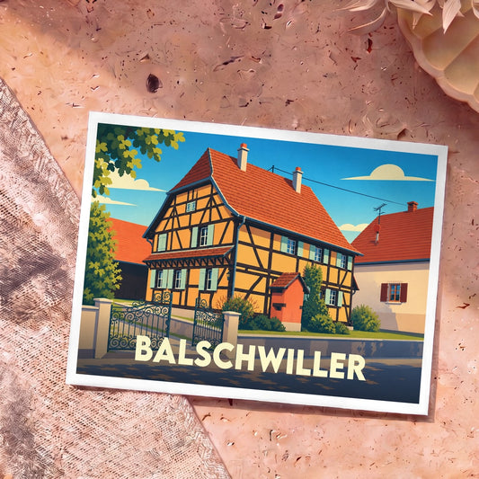 Carte postale souvenir de la ville de Balschwiller avec une illustration stylisée d'une maison à colombages.