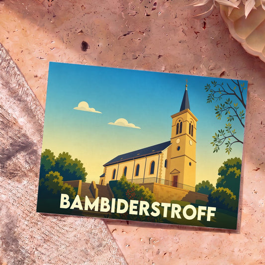 Carte postale souvenir de la ville de Bambiderstroff illustrant son église dans un style graphique épuré.