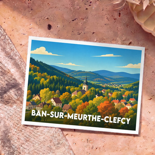 Carte postale souvenir de la ville de Ban-sur-Meurthe-Clefcy avec une illustration stylisée de ses paysages vallonnés en automne.