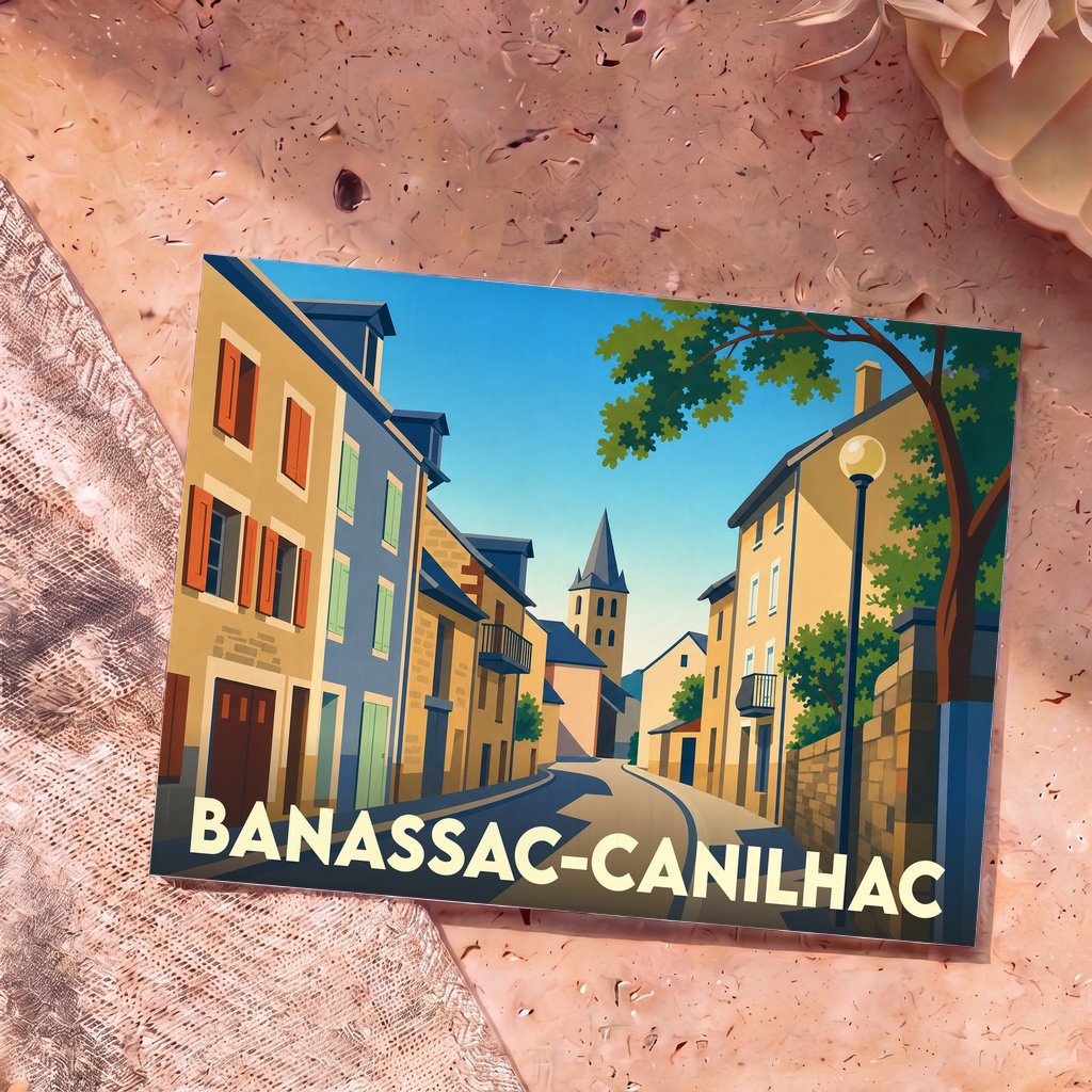 Carte postale souvenir de la ville de Banassac-Canilhac avec une illustration stylisée.