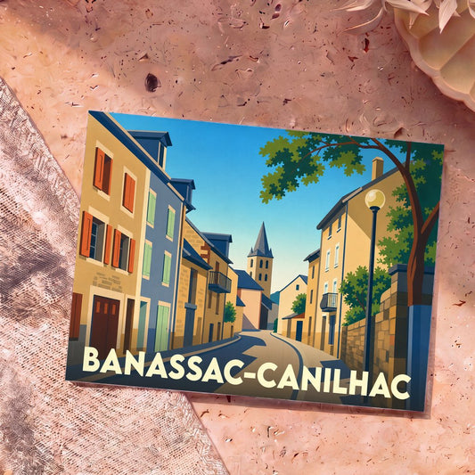 Carte postale souvenir de la ville de Banassac-Canilhac avec une illustration stylisée.