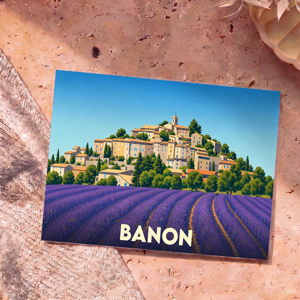 Carte postale souvenir de la ville de Banon illustrant un village perché au-dessus de champs de lavande.
