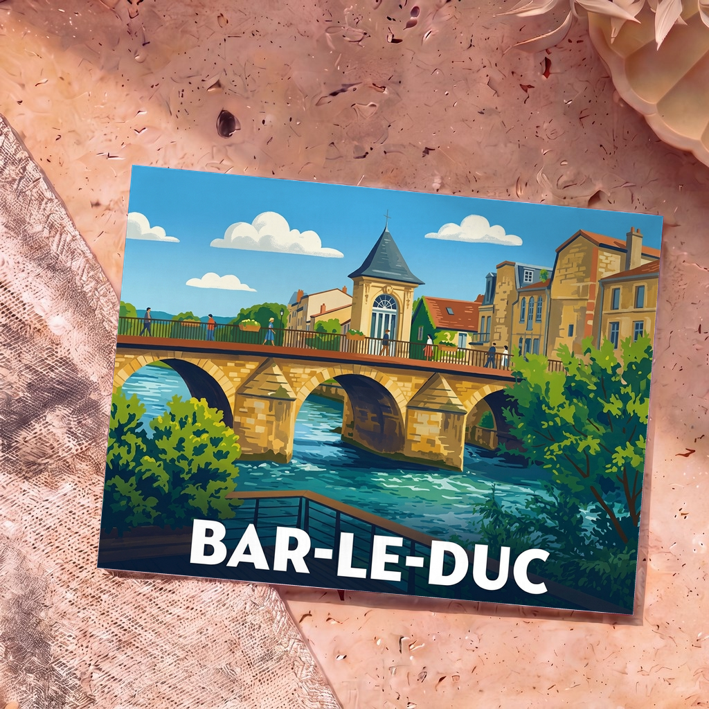 Carte postale souvenir de la ville de Bar-le-Duc avec une illustration stylisée de son pont et de son patrimoine historique.