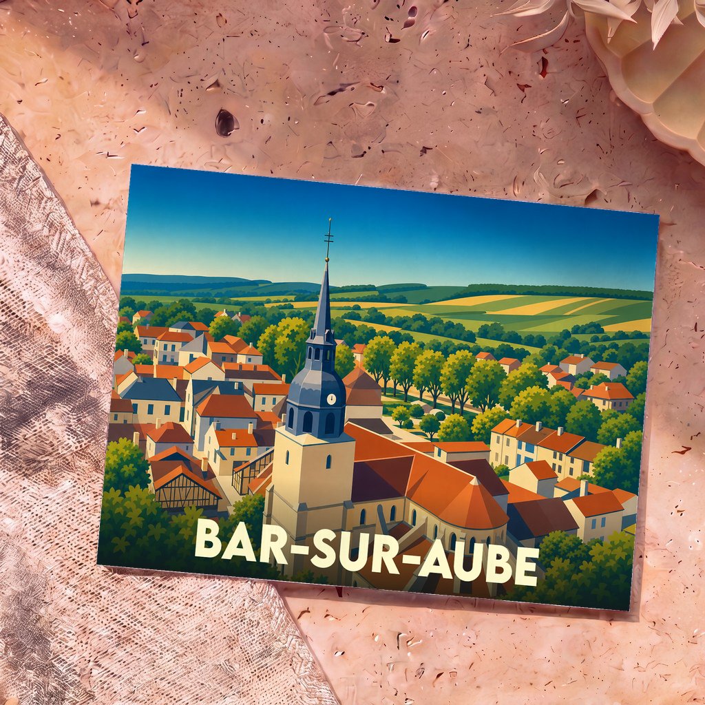 Carte postale souvenir de la ville de Bar-sur-Aube avec une illustration stylisée de son église et de ses paysages.