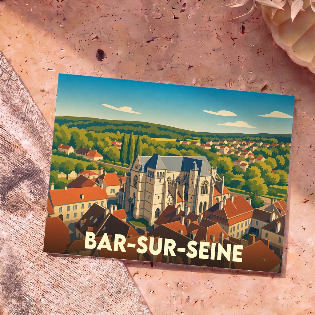 Carte postale souvenir de la ville de Bar-sur-Seine avec une illustration stylisée de son église et de ses toits.