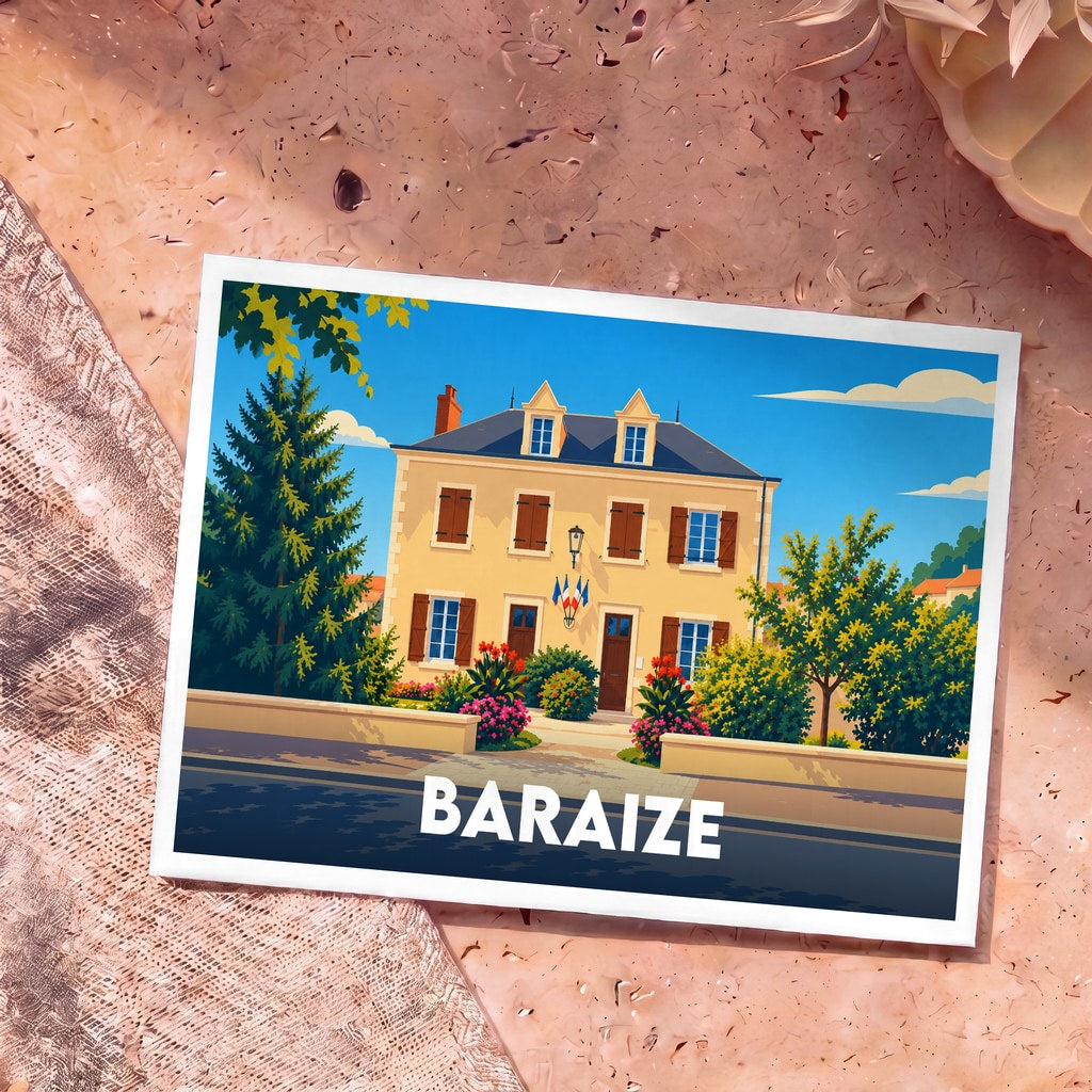 Carte postale souvenir de la ville de Baraize avec une illustration stylisée de sa mairie fleurie.