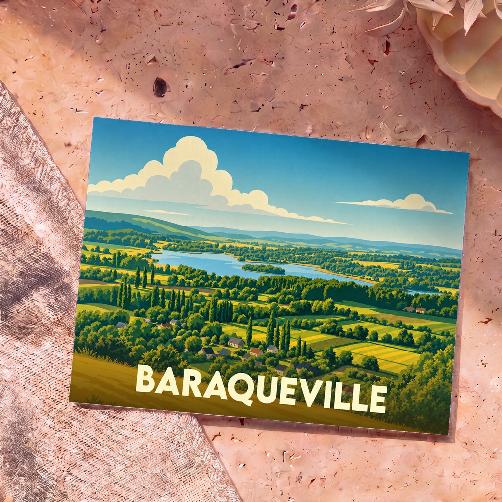 Carte postale souvenir de la ville de Baraqueville illustrée par un paysage champêtre stylisé.