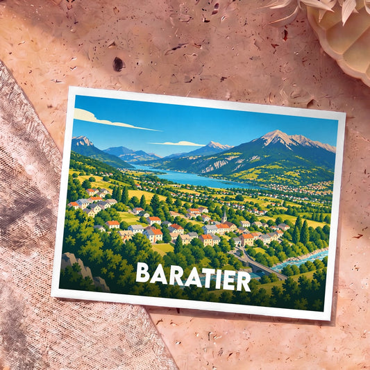Carte postale souvenir de la ville de Baratier avec une illustration stylisée d'un paysage de montagne et d'un lac.