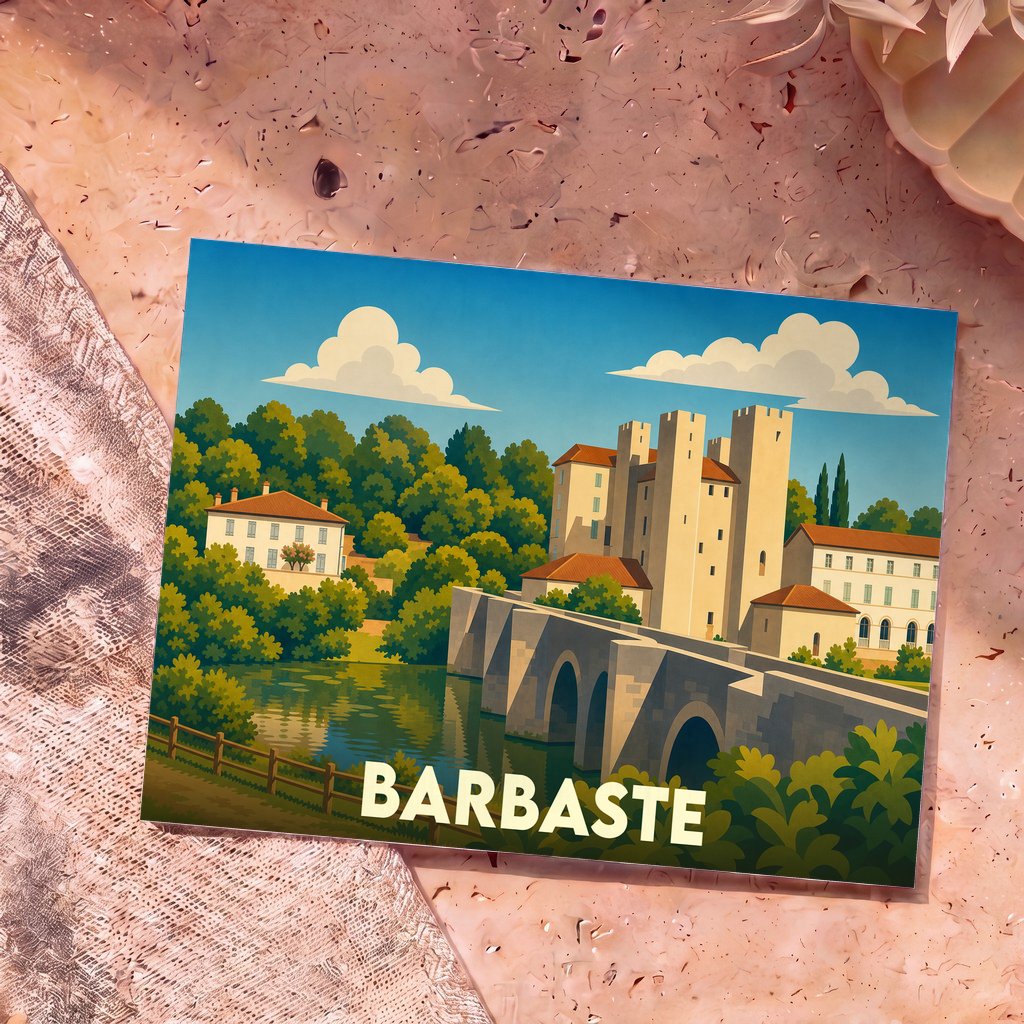 Carte postale souvenir de la ville de Barbaste avec une illustration stylisée de son célèbre pont roman et de son moulin fortifié.