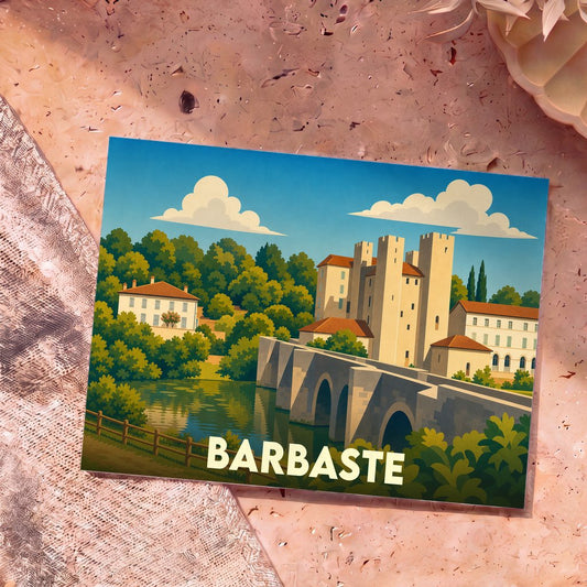 Carte postale souvenir de la ville de Barbaste avec une illustration stylisée de son célèbre pont roman et de son moulin fortifié.