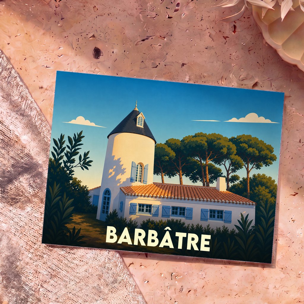 Carte postale souvenir de la ville de Barbâtre avec une illustration stylisée d'une maison à tour sous un ciel d'été.