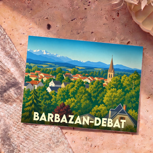 Carte postale souvenir de la ville de Barbazan-Debat avec une illustration stylisée d'un village verdoyant au pied des montagnes.