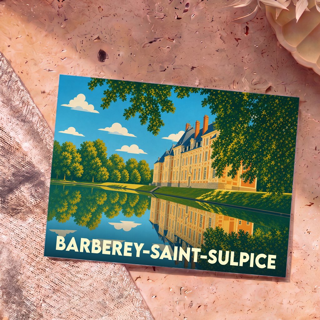 Carte postale souvenir de la ville de Barberey-Saint-Sulpice avec une illustration stylisée de son château se reflétant dans l'eau.