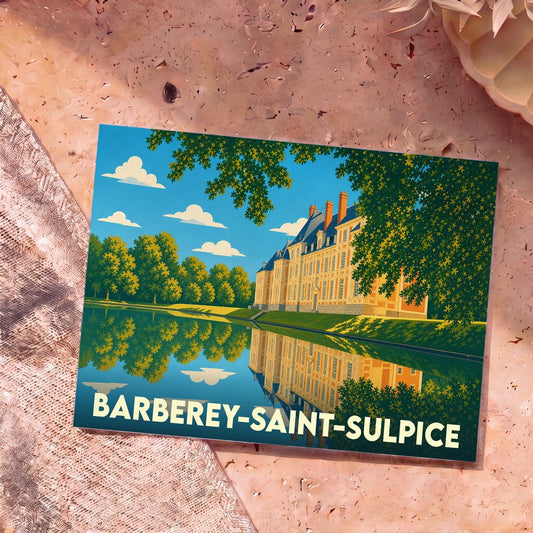 Carte postale souvenir de la ville de Barberey-Saint-Sulpice avec une illustration stylisée de son château se reflétant dans l'eau.