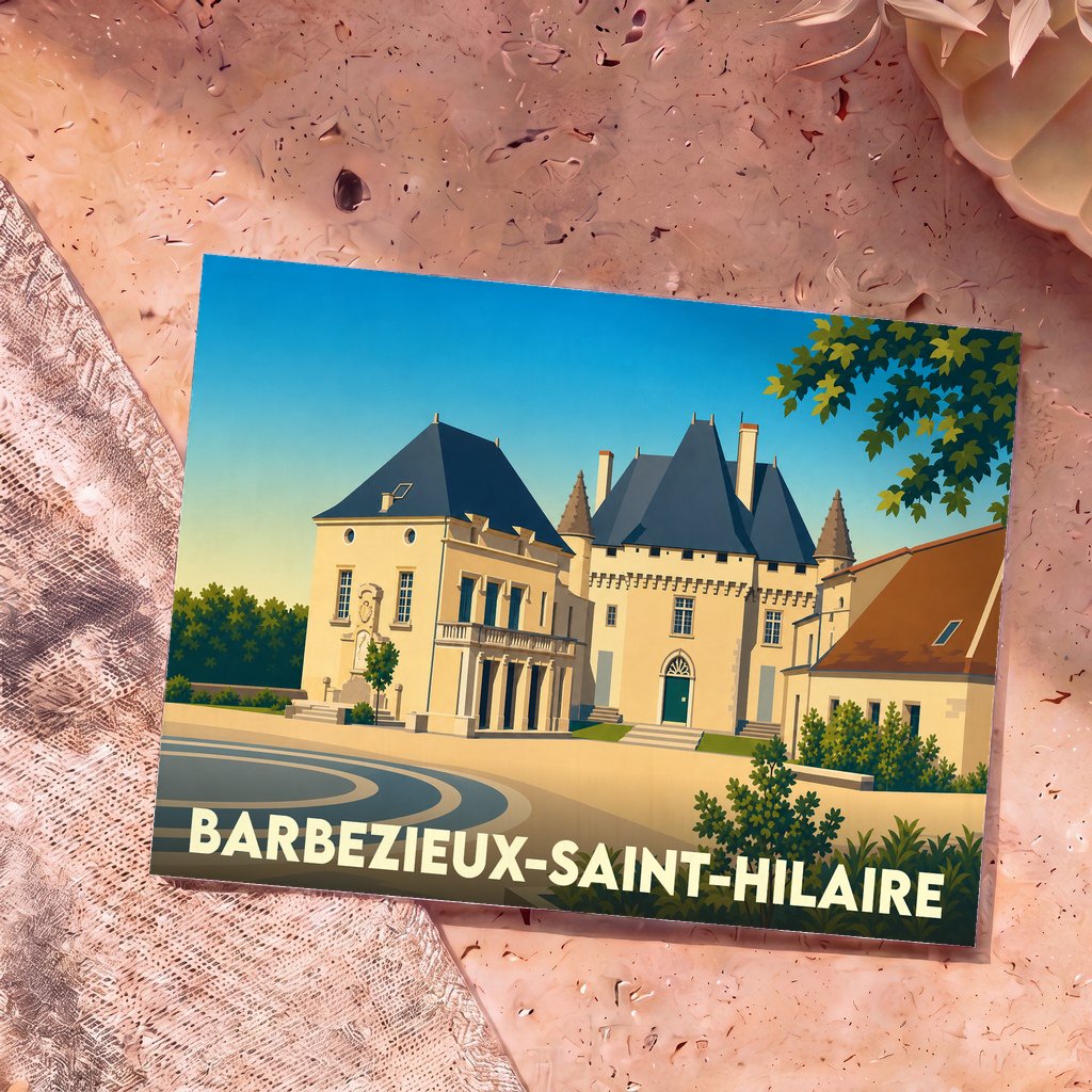 Carte postale souvenir de la ville de Barbezieux-Saint-Hilaire avec une illustration stylisée de son château.