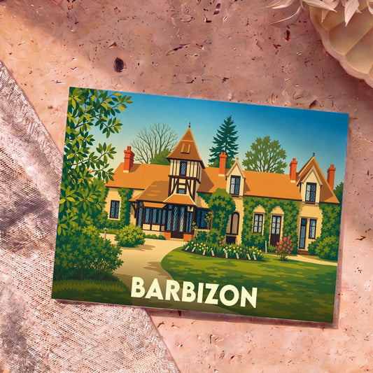 Carte postale souvenir de la ville de Barbizon présentant une illustration colorée d'une demeure traditionnelle avec jardin.