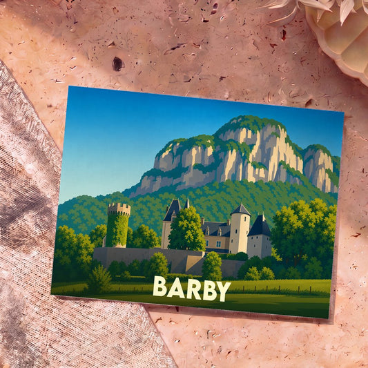 Carte postale souvenir de la ville de Barby avec une illustration stylisée d'un château au pied d'une montagne.