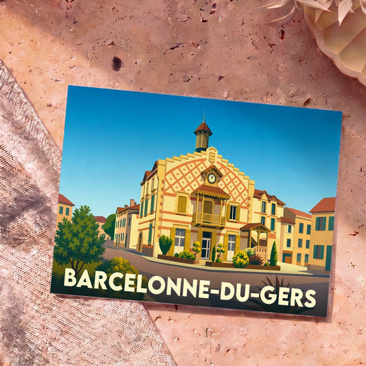 Carte postale souvenir de Barcelonne-du-Gers avec une illustration stylisée de sa mairie emblématique.