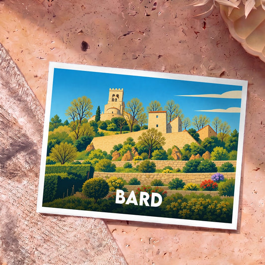 Carte postale souvenir de la ville de Bard présentant une illustration stylisée de son fort et de ses jardins en terrasses.