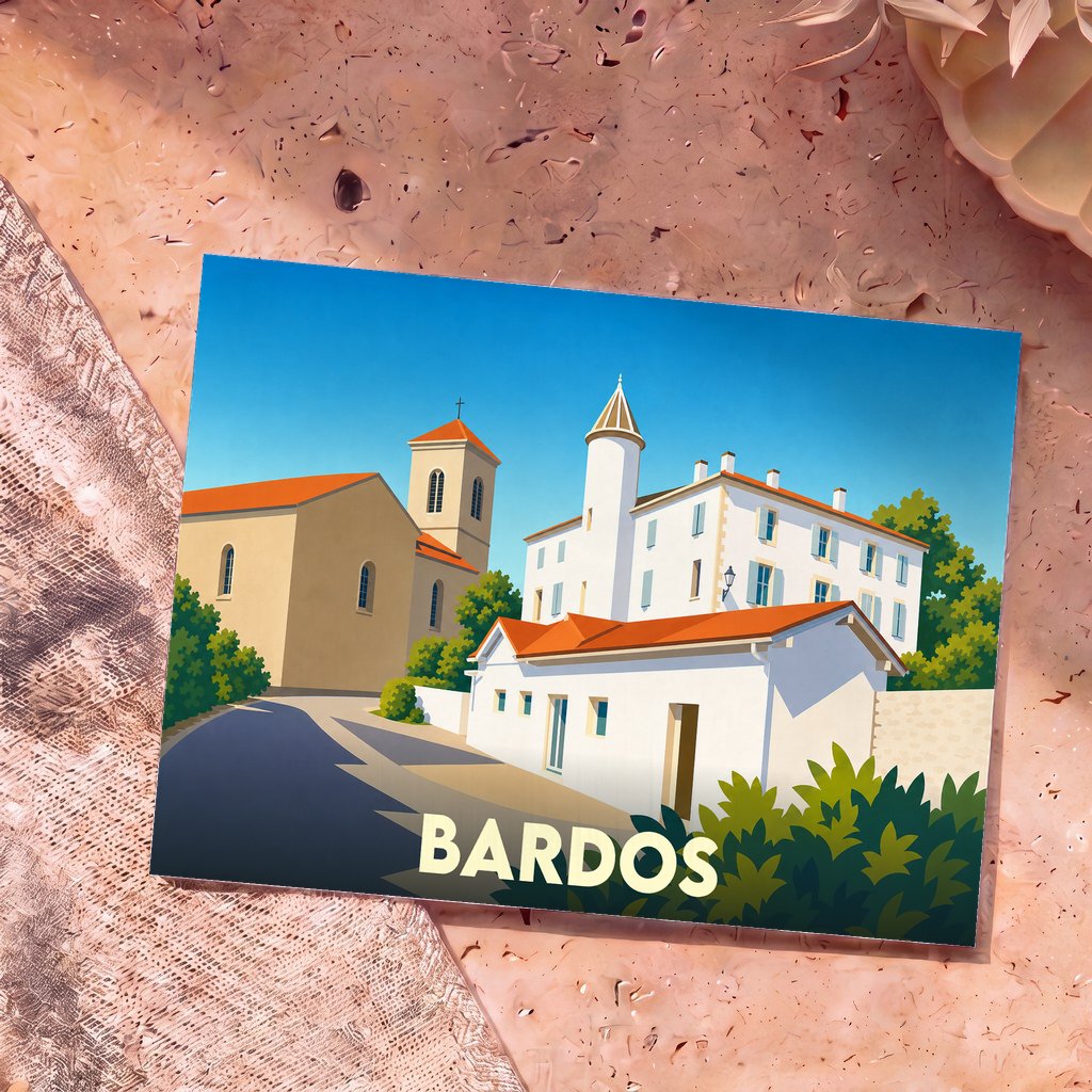 Carte postale souvenir de la ville de Bardos avec une illustration stylisée de ses bâtiments emblématiques.