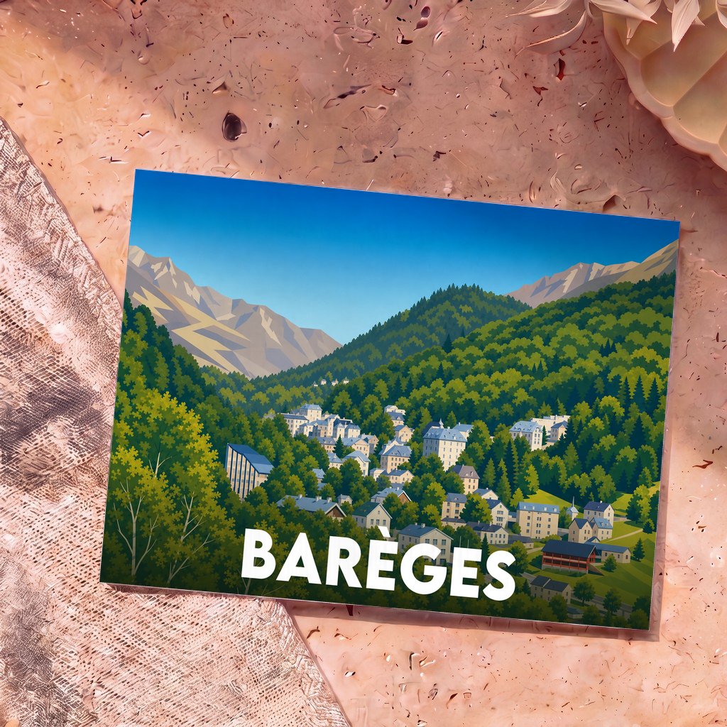 Carte postale souvenir de la ville de Barèges avec une illustration stylisée d'un village de montagne niché dans une vallée verdoyante.