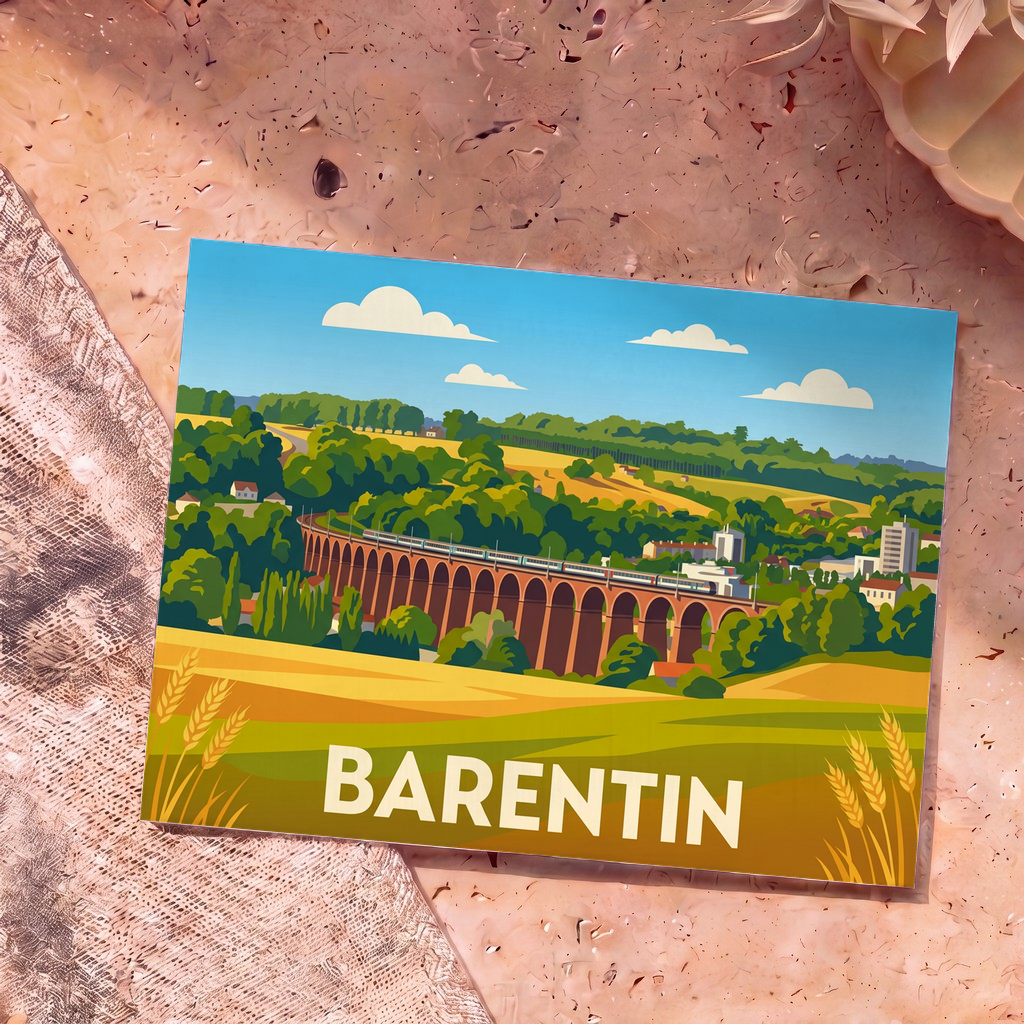 Carte postale souvenir de la ville de Barentin avec une illustration stylisée de son célèbre viaduc.