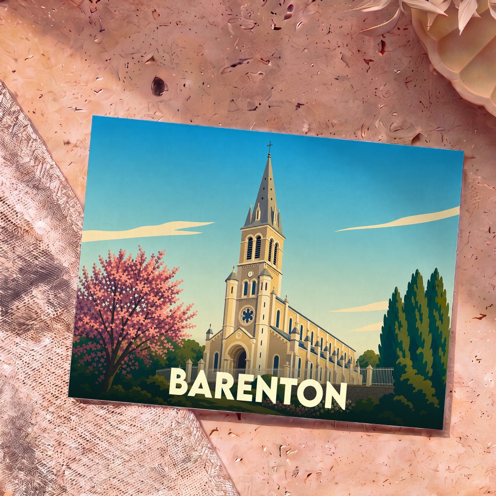 Carte postale souvenir de la ville de Barenton illustrant son église dans un style graphique épuré.