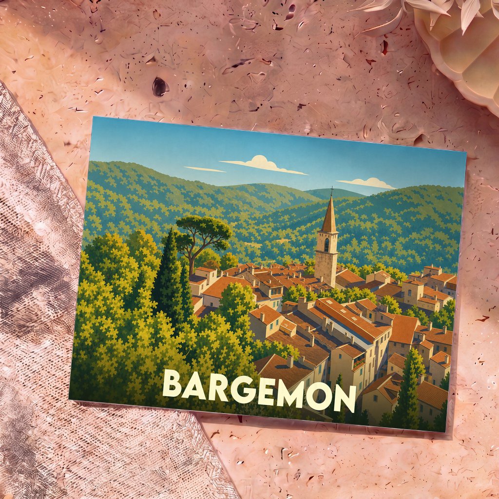 Carte postale souvenir de la ville de Bargemon illustrant un village perché au cœur de collines verdoyantes.