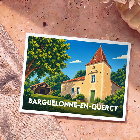 Carte postale souvenir de la ville de Barguelonne-en-Quercy avec une illustration stylisée d'une demeure traditionnelle.