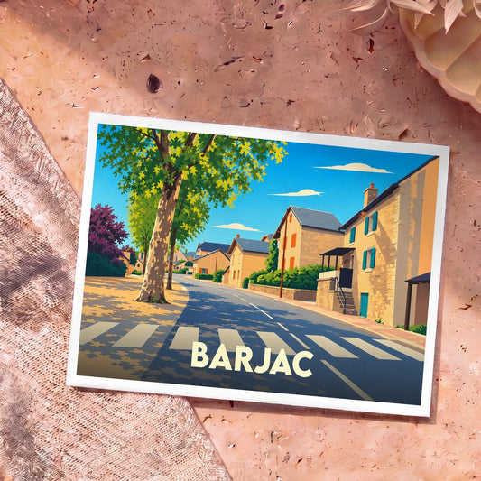 Carte postale souvenir de la ville de Barjac avec une illustration stylisée d'une rue ensoleillée bordée d'arbres.