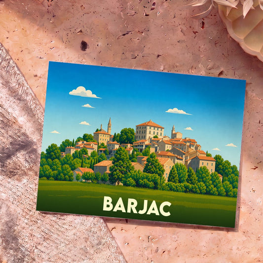 Carte postale souvenir de la ville de Barjac avec une illustration stylisée d'un village perché.