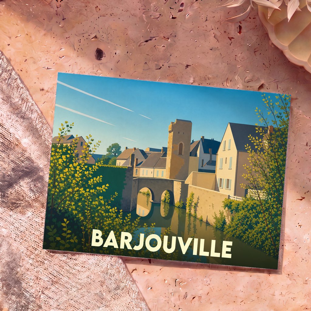 Carte postale souvenir de la ville de Barjouville avec une illustration stylisée d'un pont et de maisons anciennes au bord de l'eau.